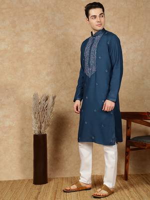 Blue cotton embroidered kurta pajama for mens 2