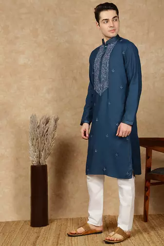 Blue cotton embroidered kurta pajama for mens