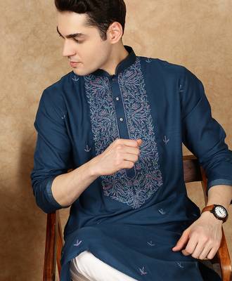 Blue cotton embroidered kurta pajama for mens 3