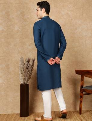 Blue cotton embroidered kurta pajama for mens 4