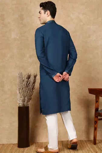 Blue cotton embroidered kurta pajama for mens