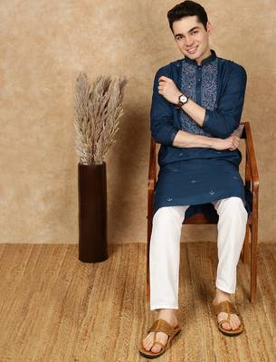 Blue cotton embroidered kurta pajama for mens 5