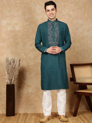 Firozi cotton embroidered kurta pajama for mens 1
