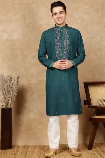 Firozi cotton embroidered kurta pajama for mens