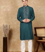 Firozi cotton embroidered kurta pajama for mens