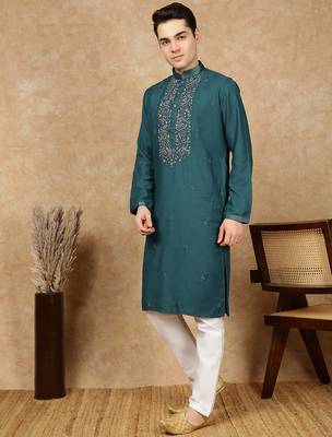 Firozi cotton embroidered kurta pajama for mens 2