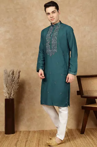 Firozi cotton embroidered kurta pajama for mens