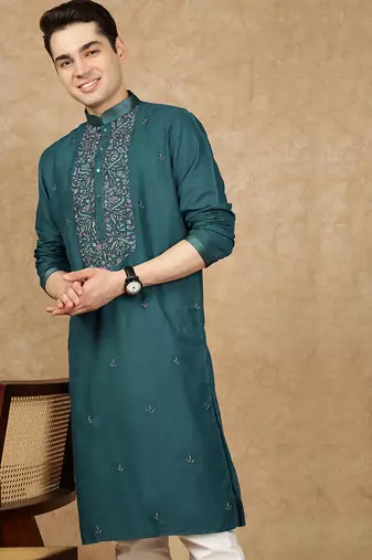 Firozi cotton embroidered kurta pajama for mens