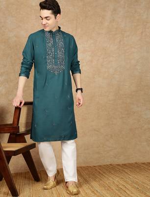 Firozi cotton embroidered kurta pajama for mens 5