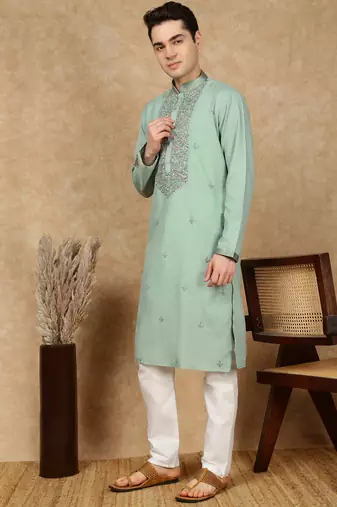 Green cotton embroidered kurta pajama for mens