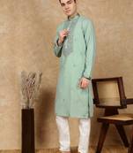 Green cotton embroidered kurta pajama for mens