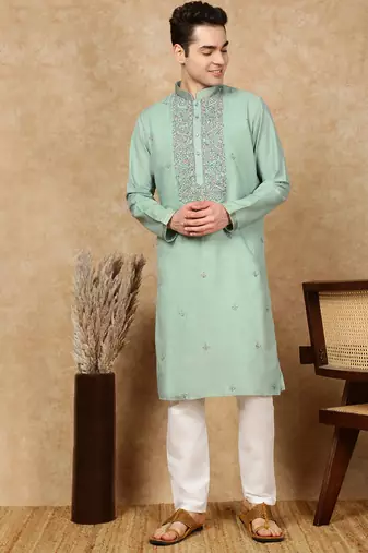 Green cotton embroidered kurta pajama for mens