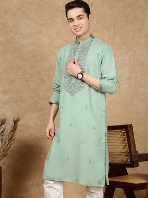 Green cotton embroidered kurta pajama for mens 3