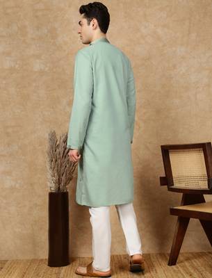 Green cotton embroidered kurta pajama for mens 4