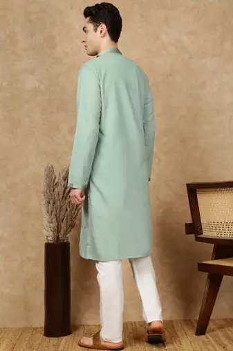 Green cotton embroidered kurta pajama for mens