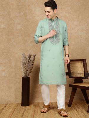 Green cotton embroidered kurta pajama for mens 5