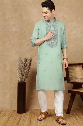 Green cotton embroidered kurta pajama for mens