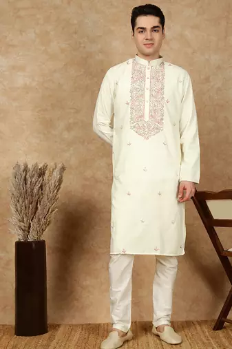 Off white cotton embroidered kurta pajama for mens