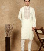Off white cotton embroidered kurta pajama for mens