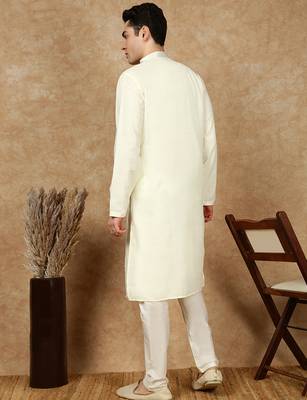 Off white cotton embroidered kurta pajama for mens 4