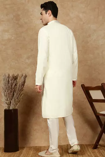 Off white cotton embroidered kurta pajama for mens