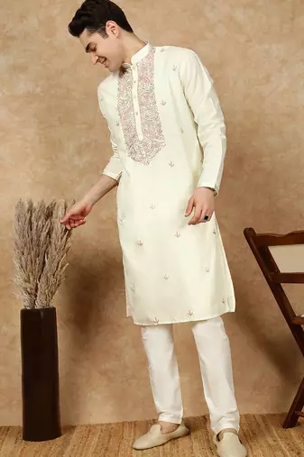 Off white cotton embroidered kurta pajama for mens