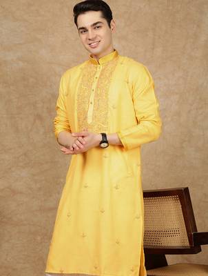 Yellow silk embroidered kurta pajama for mens 1