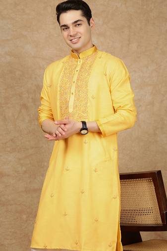 Yellow silk embroidered kurta pajama for mens