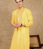 Yellow silk embroidered kurta pajama for mens