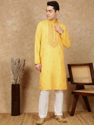 Yellow silk embroidered kurta pajama for mens 2