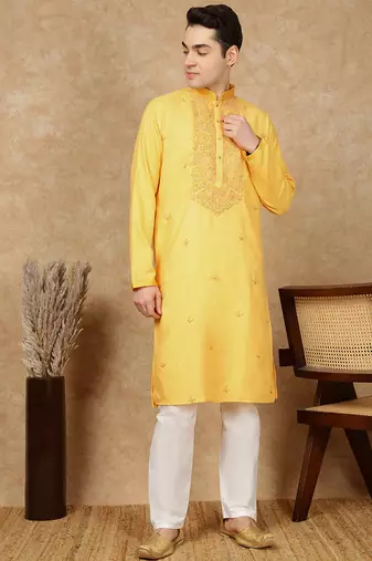Yellow silk embroidered kurta pajama for mens