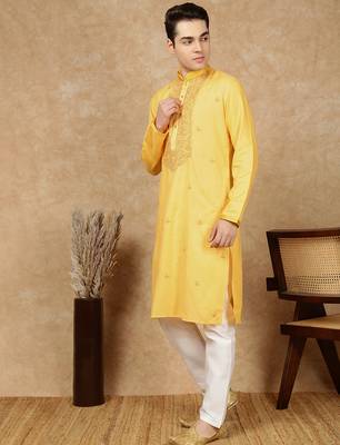 Yellow silk embroidered kurta pajama for mens 3