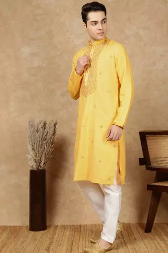 Yellow silk embroidered kurta pajama for mens