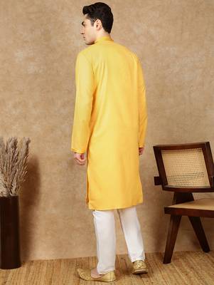 Yellow silk embroidered kurta pajama for mens 4