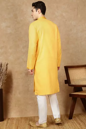 Yellow silk embroidered kurta pajama for mens
