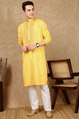Yellow silk embroidered kurta pajama for mens