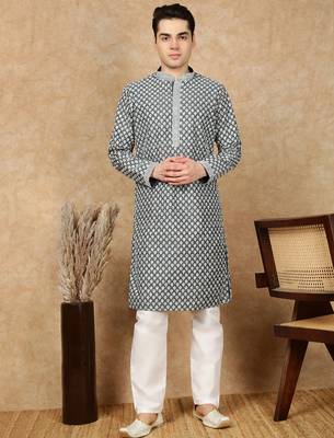 Firozi silk embroidered kurta pajama for mens 1