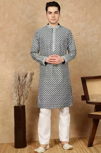 Firozi silk embroidered kurta pajama for mens