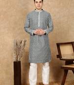 Firozi silk embroidered kurta pajama for mens