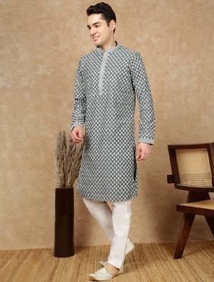 Firozi silk embroidered kurta pajama for mens 2