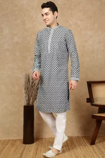 Firozi silk embroidered kurta pajama for mens