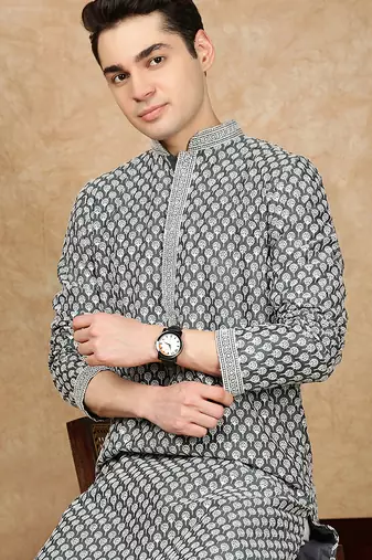 Firozi silk embroidered kurta pajama for mens