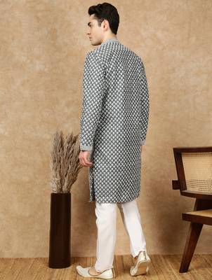 Firozi silk embroidered kurta pajama for mens 4
