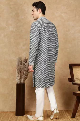 Firozi silk embroidered kurta pajama for mens