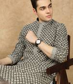 Olive silk embroidered kurta pajama for mens