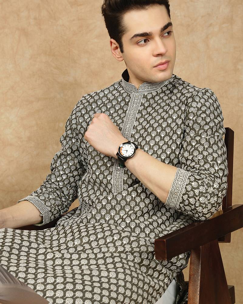 Olive silk embroidered kurta pajama for mens