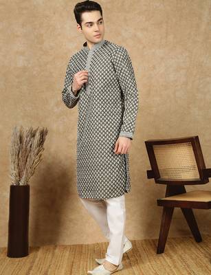 Olive silk embroidered kurta pajama for mens 2