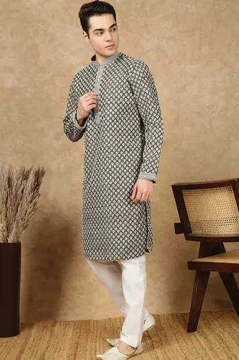 Olive silk embroidered kurta pajama for mens