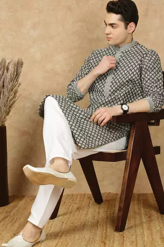Olive silk embroidered kurta pajama for mens