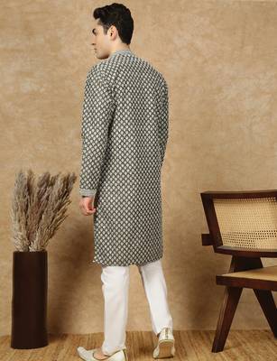 Olive silk embroidered kurta pajama for mens 4